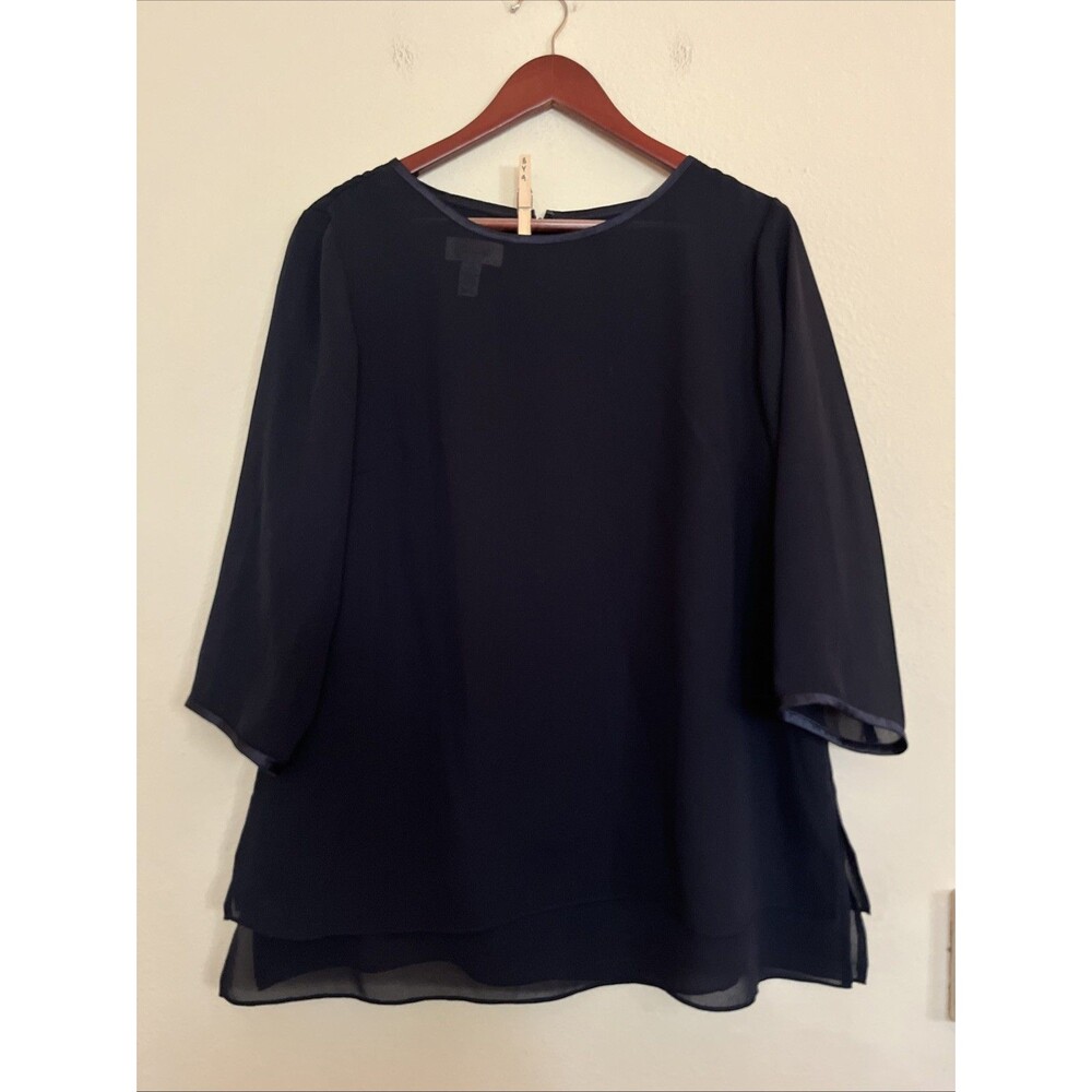 Talbots 3/4 Sleeve Layered Sheer Blue Round Neck Zip Back Blouse SZ 14 P